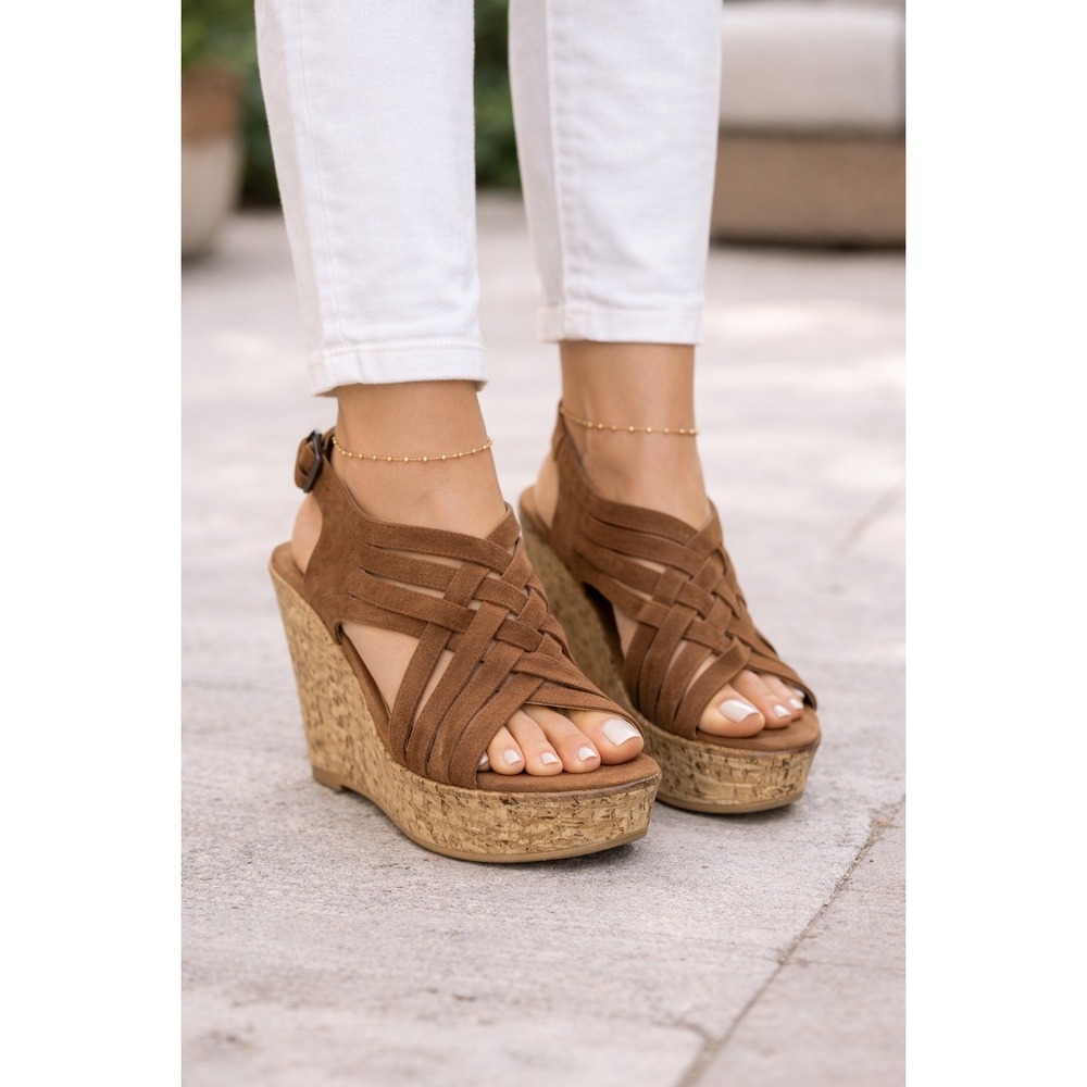 Sundance Brown Wedge Sandals Suede Size 41‎ 9.5 US Italy Cork